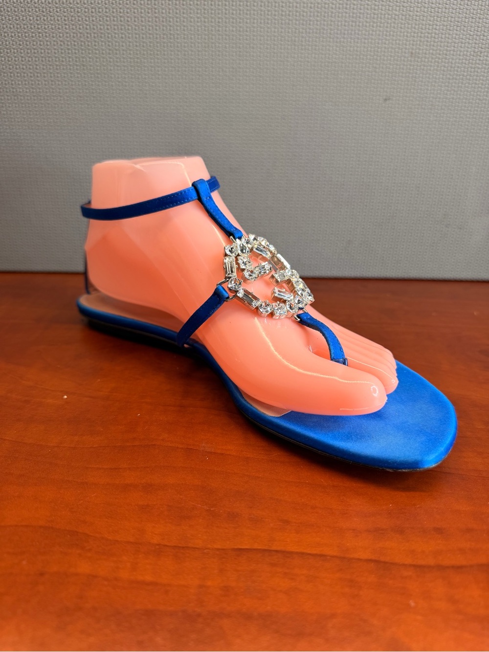 Gucci Blue Satin GG Interlocking Crystal Ankle Strap Sandals Size 38
